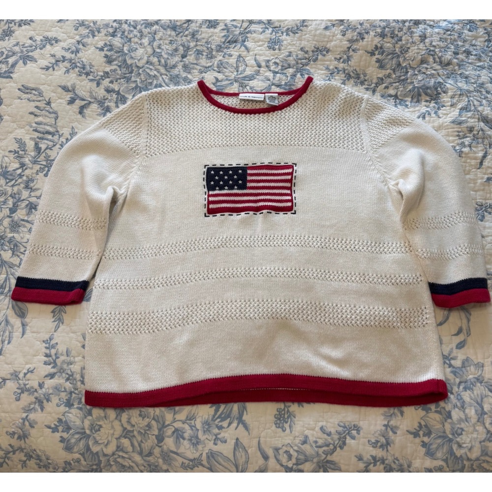 Vintage Croft & Barrow American Flag Patriotic Pointelle Knit Sweater White XL